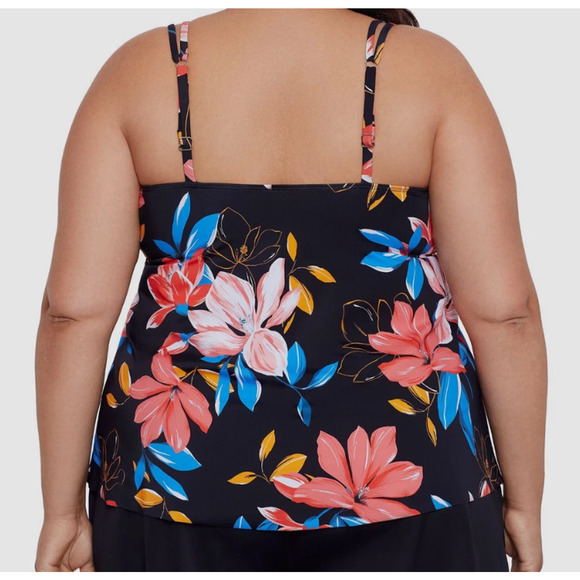 Swim Solutions Women's Black Floral Pleated Swim Tankini Plus Size 18W 16144 - Picture 2 of 3